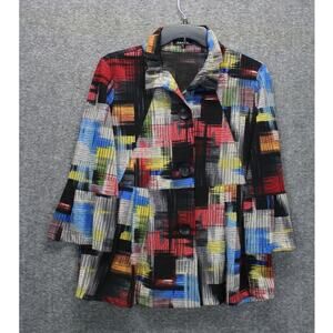 Damee Jacket Womens Small Dark Multi 3/4 Sleeve Wire Collar Abstract Art To Wear